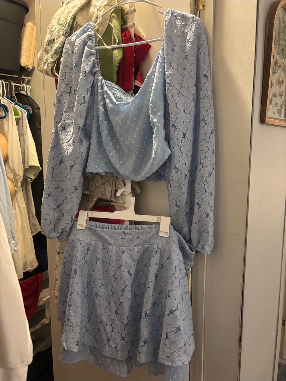 Light Blue Lace A-Line Women's two piece skort set - Elegant Floral Overlay